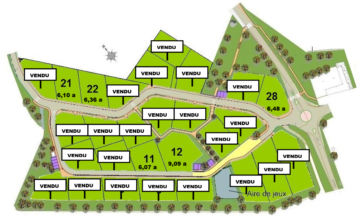 Plan du lotissement communal indiquant les lots vendus et les lots disponibles
